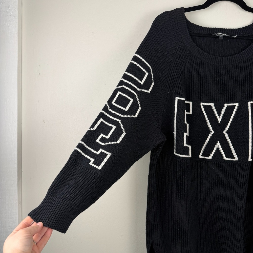 Express Shaker Sweater Women's Large Black Ribbed Knit EXP‎ Logo Cotton Pullover - Picture 6 of 13